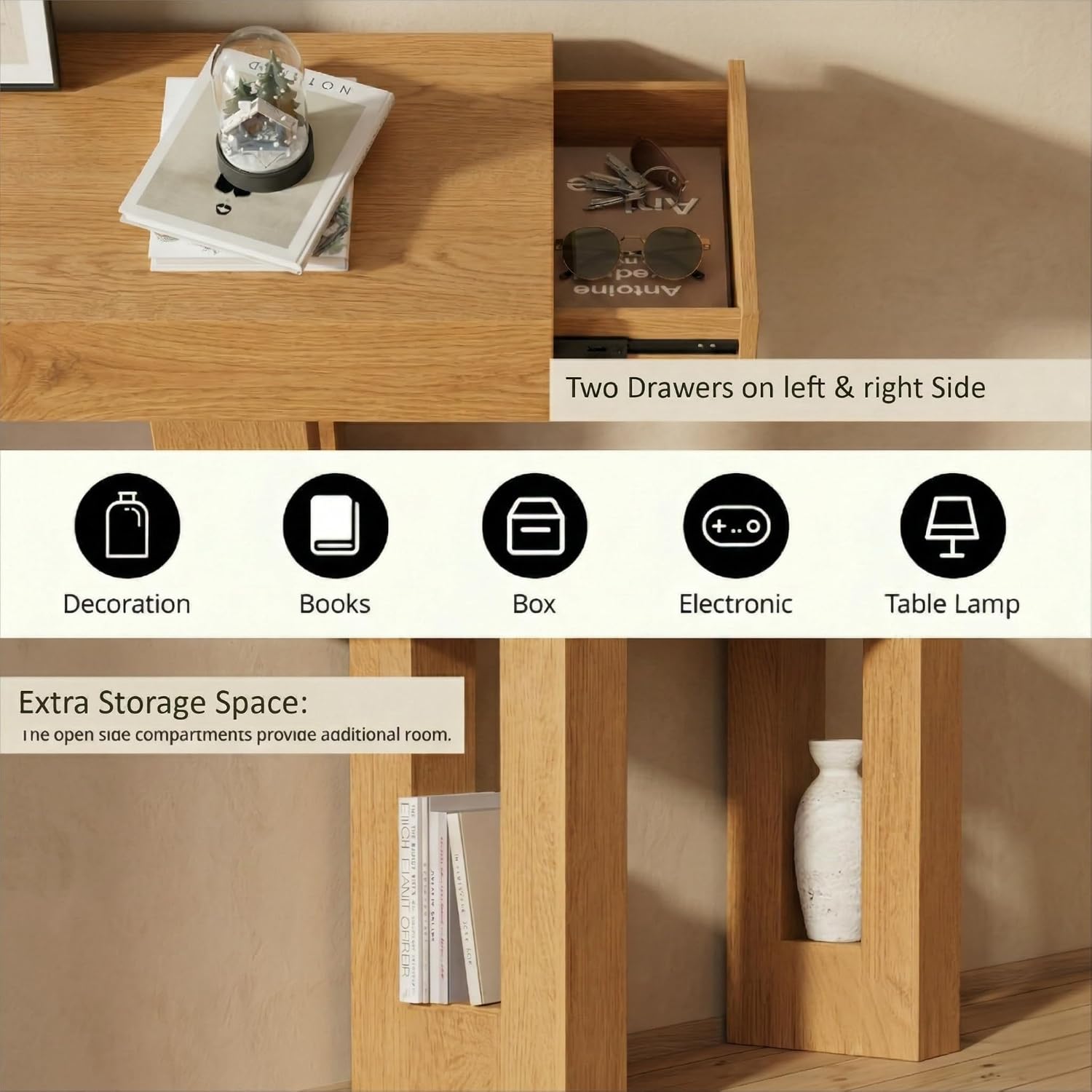 FURSUN 63" Farmhouse Console Table with Drawers, Narrow Sofa Table Behind Couch, Slim Entryway Table with Storage for Hallway, Living Room, Natural Oak