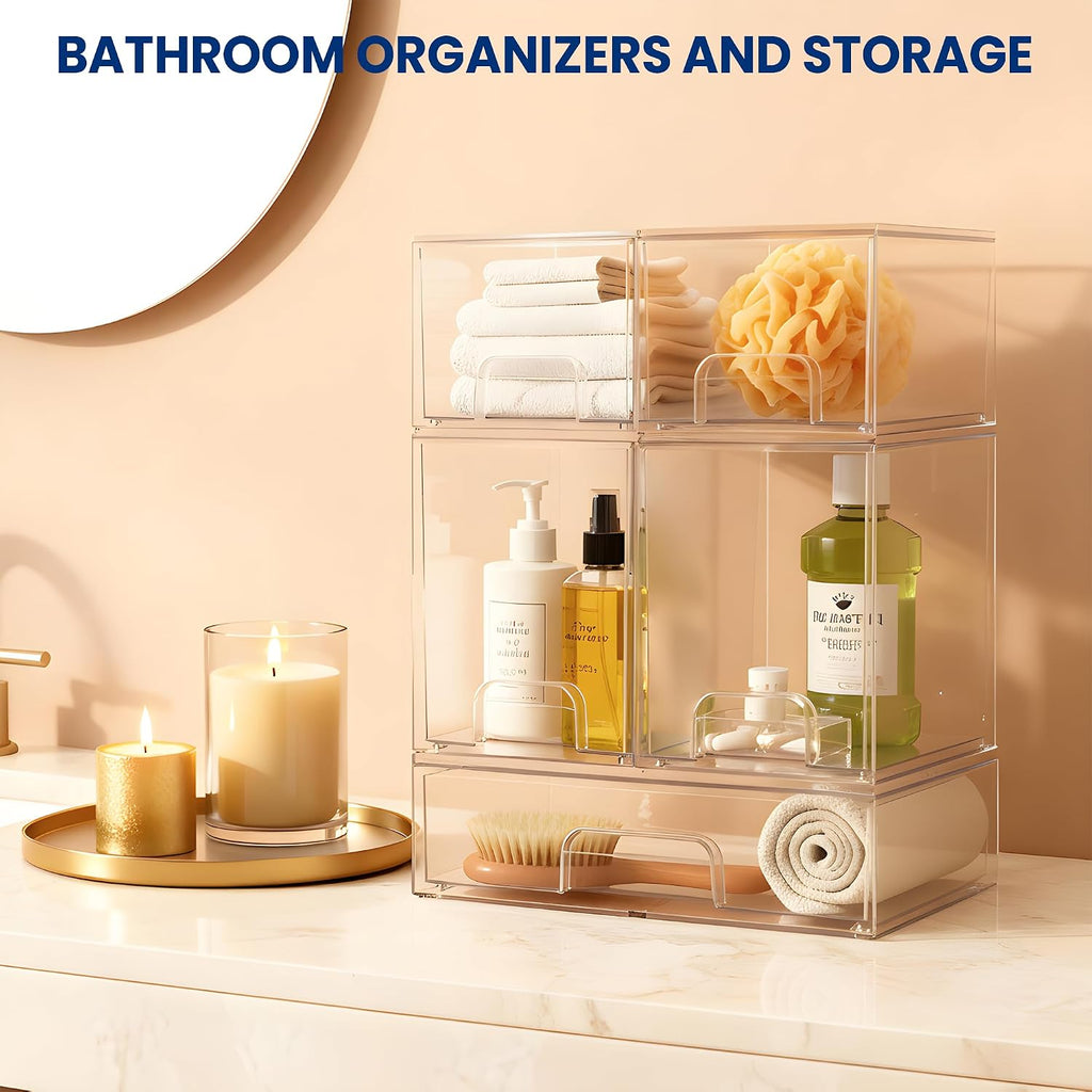 Baby Bottle Organizer Stackable, Acrylic Storage Drawers 5 pack with Non-Slip Pads, Pull-Out Drawers for Baby Bottle, Pump Parts, Pantry, Vanity Countertop (4.4" and 7.6" Tall and 12.1" Wide)