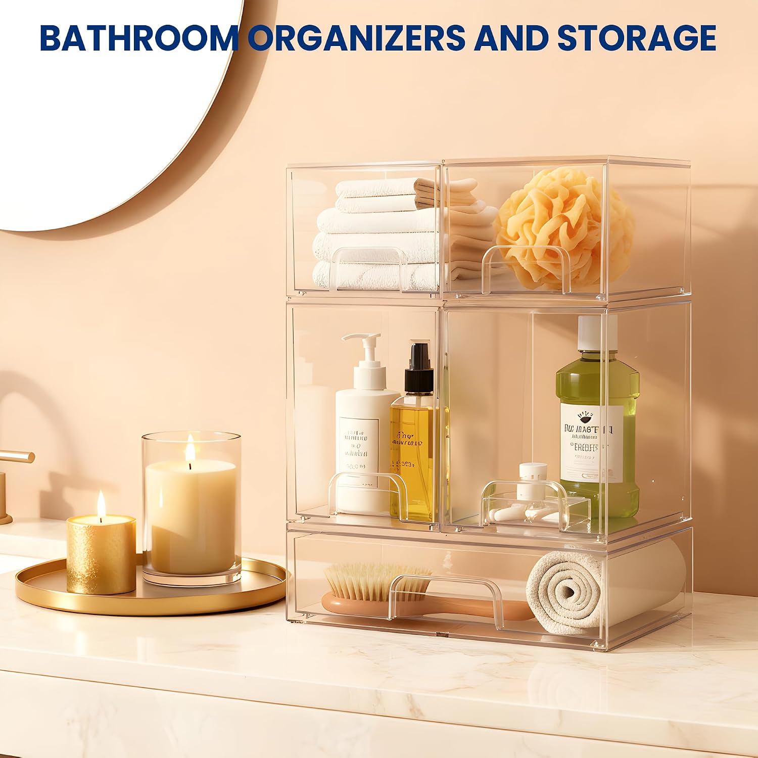 Baby Bottle Organizer Stackable, Acrylic Storage Drawers 5 pack with Non-Slip Pads, Pull-Out Drawers for Baby Bottle, Pump Parts, Pantry, Vanity Countertop (4.4" and 7.6" Tall and 12.1" Wide)