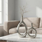 Glossy Silver Vase Ceramic Silver Vases Home Decor,Modern Minimalist Circle with Hole Decorative Vase, Hollow Ellipse Flower vases for Bookshelf, Fireplace Mantle, Centerpieces,Farmhouse,Rustic Décor