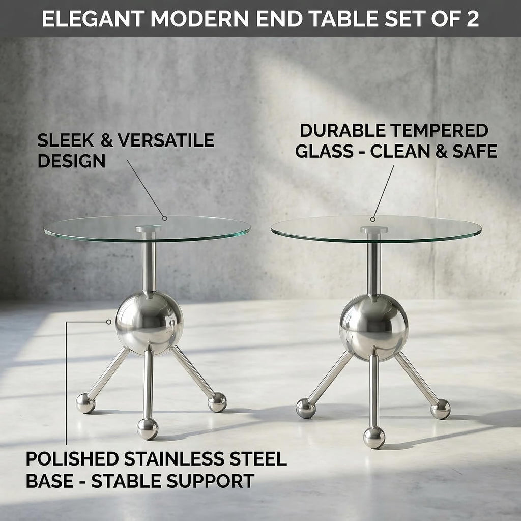 FT Global 19.7-Inch Round Glass End Table, Stainless Steel Sphere Tripod Base, Silver, Tool-Free Assembly