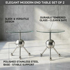 FT Global 19.7-Inch Round Glass End Table, Stainless Steel Sphere Tripod Base, Silver, Tool-Free Assembly
