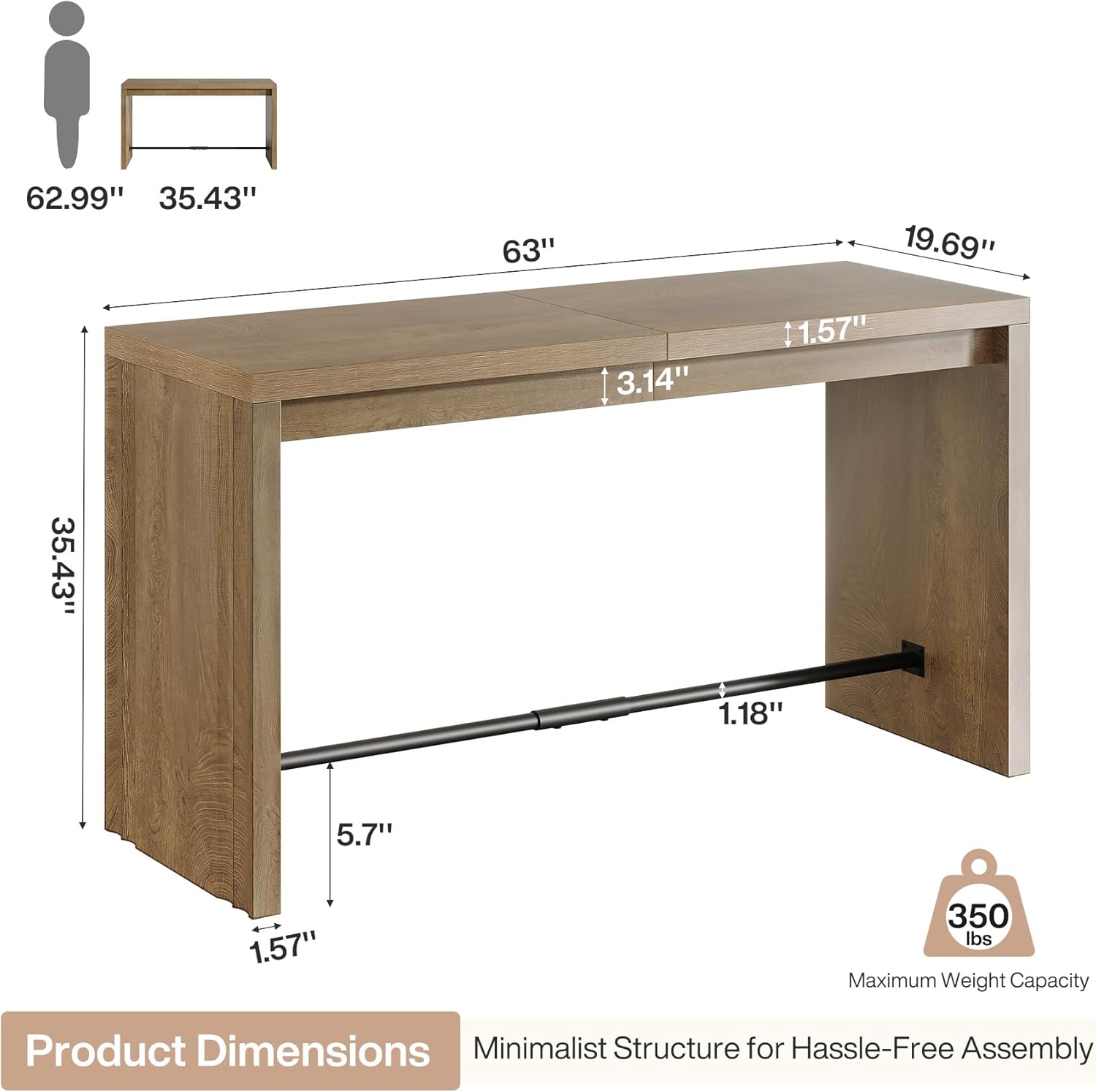 Tribesigns Bar Table, 63-Inch Modern Counter Height Pub Table with Metal Footrest, Rectangular High Bar Dining Table, Home Bar Unit for Kitchen, Dining Room, Living Room, Bistro, Brown