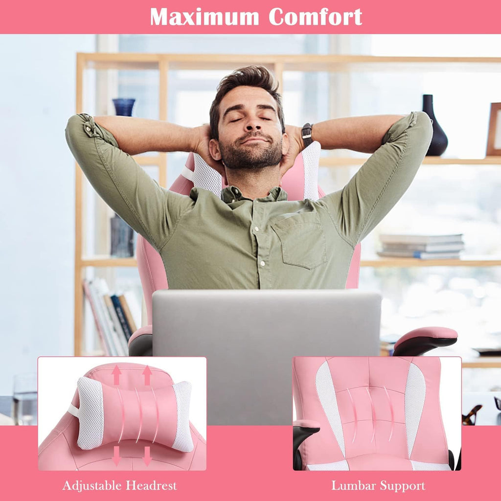 Pink Gaming Desk Chair PC Gaming Chair Gamer Chair, Comftorable Ergonomic PU Leather Computer Office Chair with Lumbar Support Flip Up Arms, High Back Executive Gaming Stuff for Girl Kids Adults