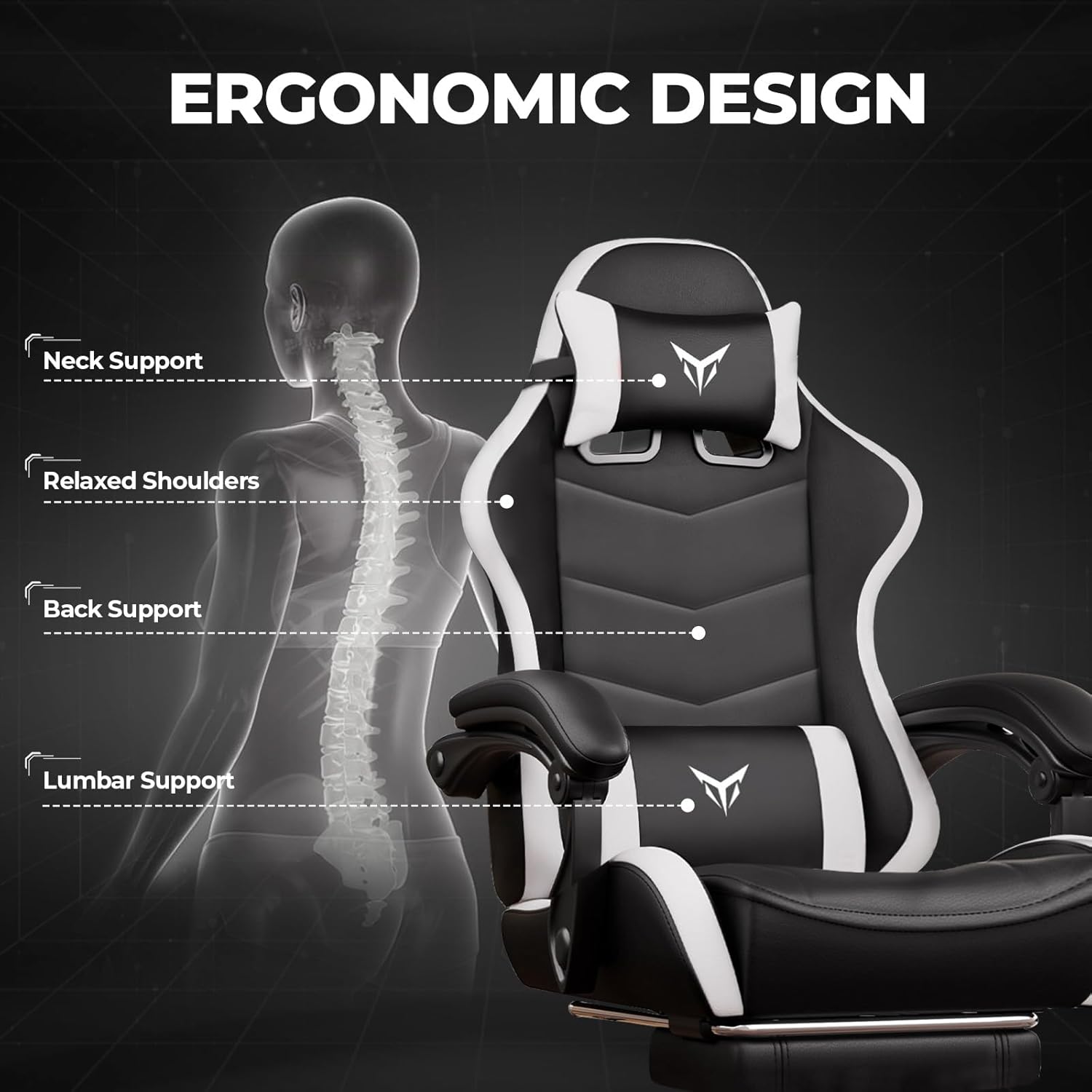 GTPLAYER Gaming Chair High Back Computer Chairs with Foot Rest for Adults, Ergonomic Height Adjustable Recliner Chair 300lbs with Linkage Armrest and Lumbar Support for Home Office, White