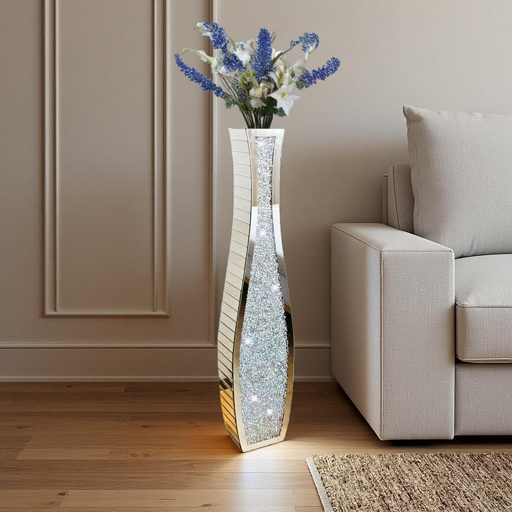 36" Extra Tall Double Sided Crushed Diamond Vases, Mirrored Silver Vase,Floor Vases Decorative Tall, Large Decorative Vase for Home,Office,Hotel Decor(7.72" L x4.33 W x 36" H)