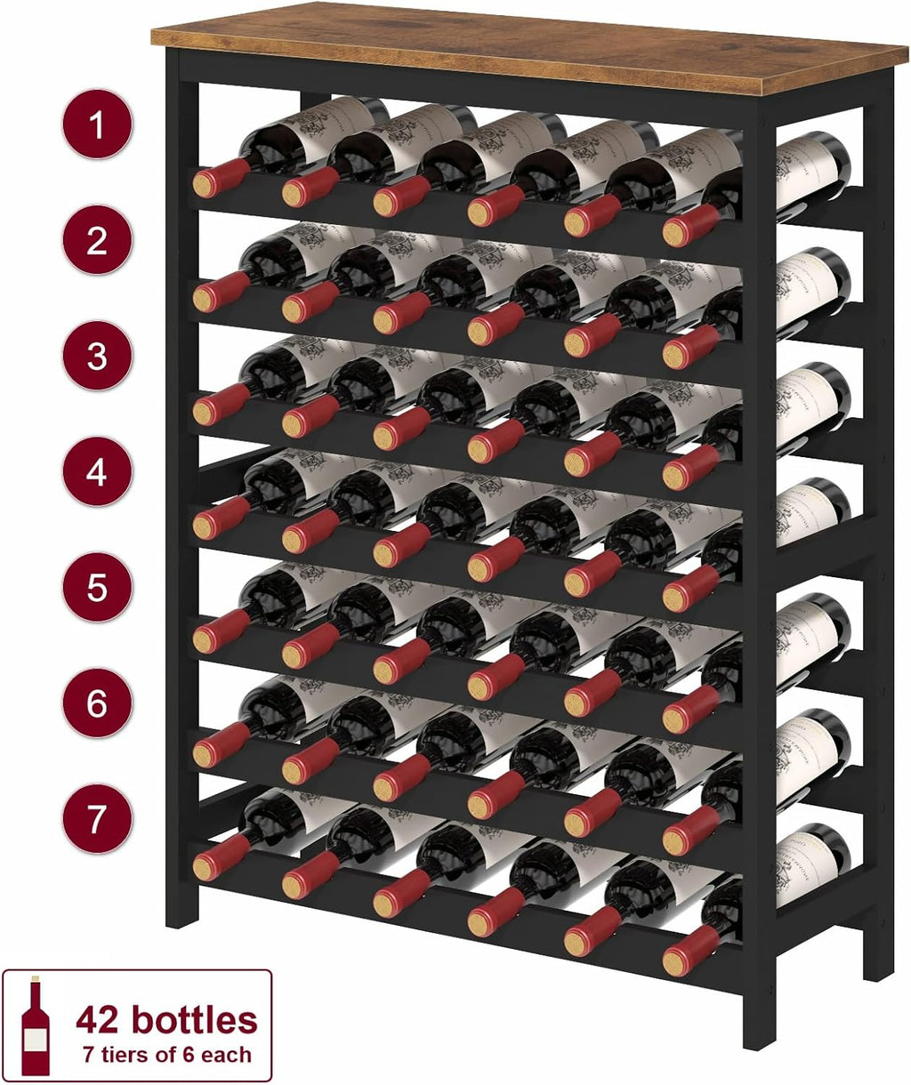 42 Bottles Bamboo Wine Rack Freestanding Floor, 7-Tier Wine Storage Shelf with Table Top, Wine Display Holder for Kitchen Pantry Bar Cellar, Rustic Brown and Black