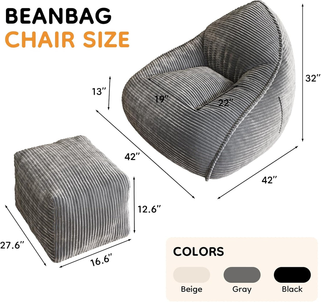 Cloud Large Bean Bag Chair with Ottoman, Corduroy Fabric+35D Memory Foam Big Beanbag Chair for Adults,Lounger Chairs Sofa Boneless Puff Chair for Living Room (Gray)