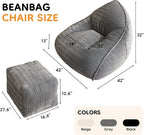 Cloud Large Bean Bag Chair with Ottoman, Corduroy Fabric+35D Memory Foam Big Beanbag Chair for Adults,Lounger Chairs Sofa Boneless Puff Chair for Living Room (Gray)