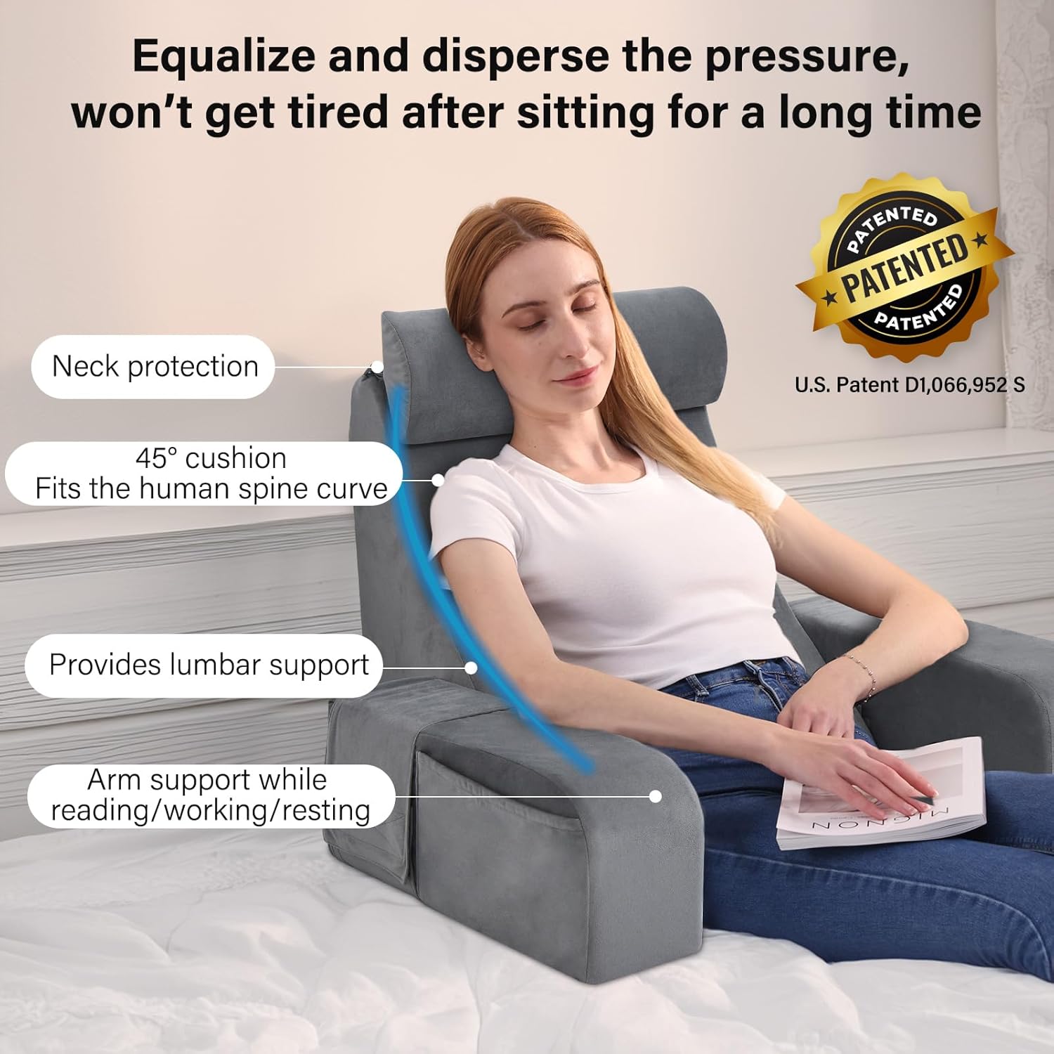 ENITYA Back Pillow for Bed Sitting Up,Reading Pillow with Armrests & Big Pockets for Adults,Upright Pillow for Resting,Watching TV,Nursing,Recovery,Gaming,Grey