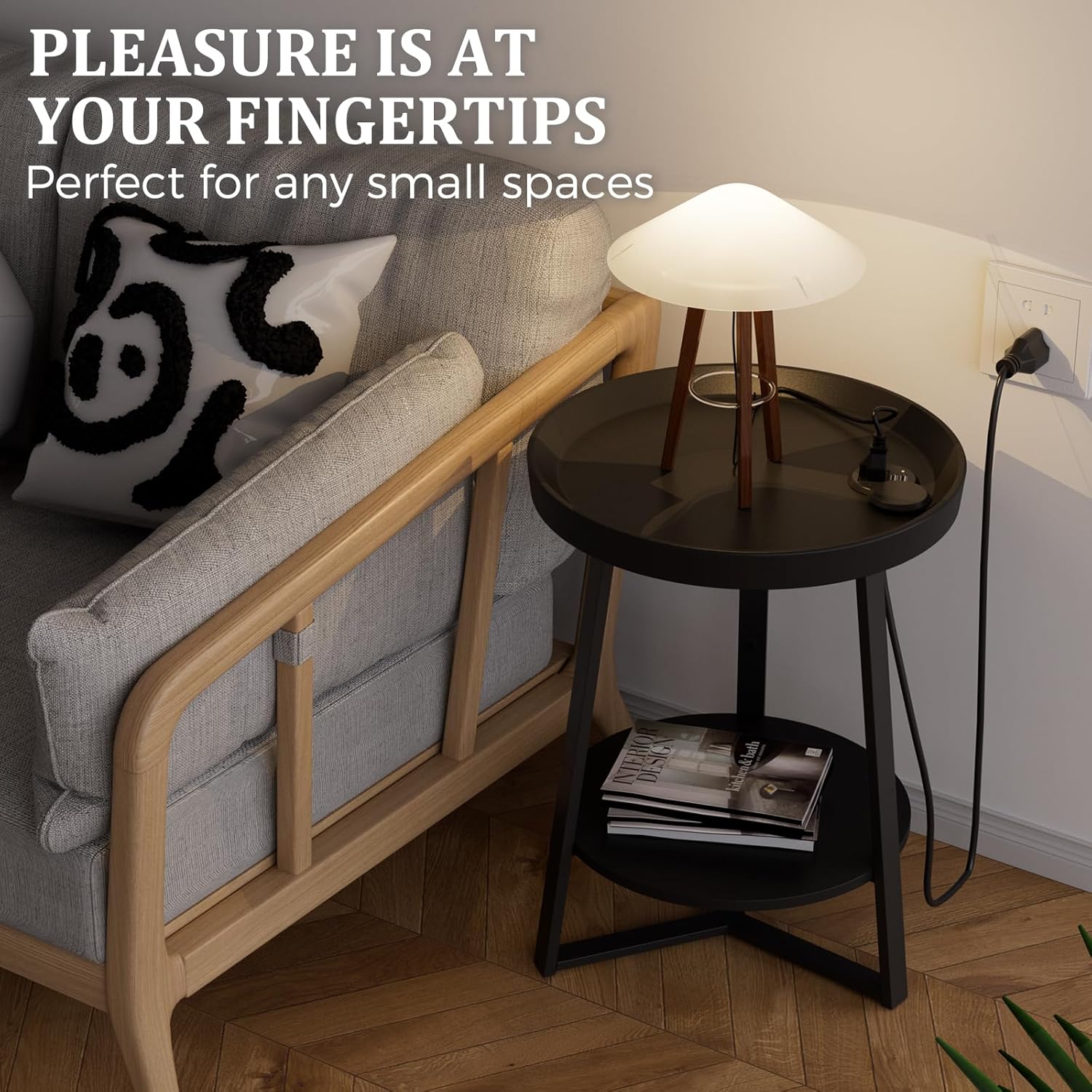 Gadroad Round End Table with Charging Station, Wood Tabletop & Black Metal Frame, 2 Tier Farmhouse Side Table Nightstand for Living Room, Bedroom, Black 15.7 * 15.7 * 23.0inches