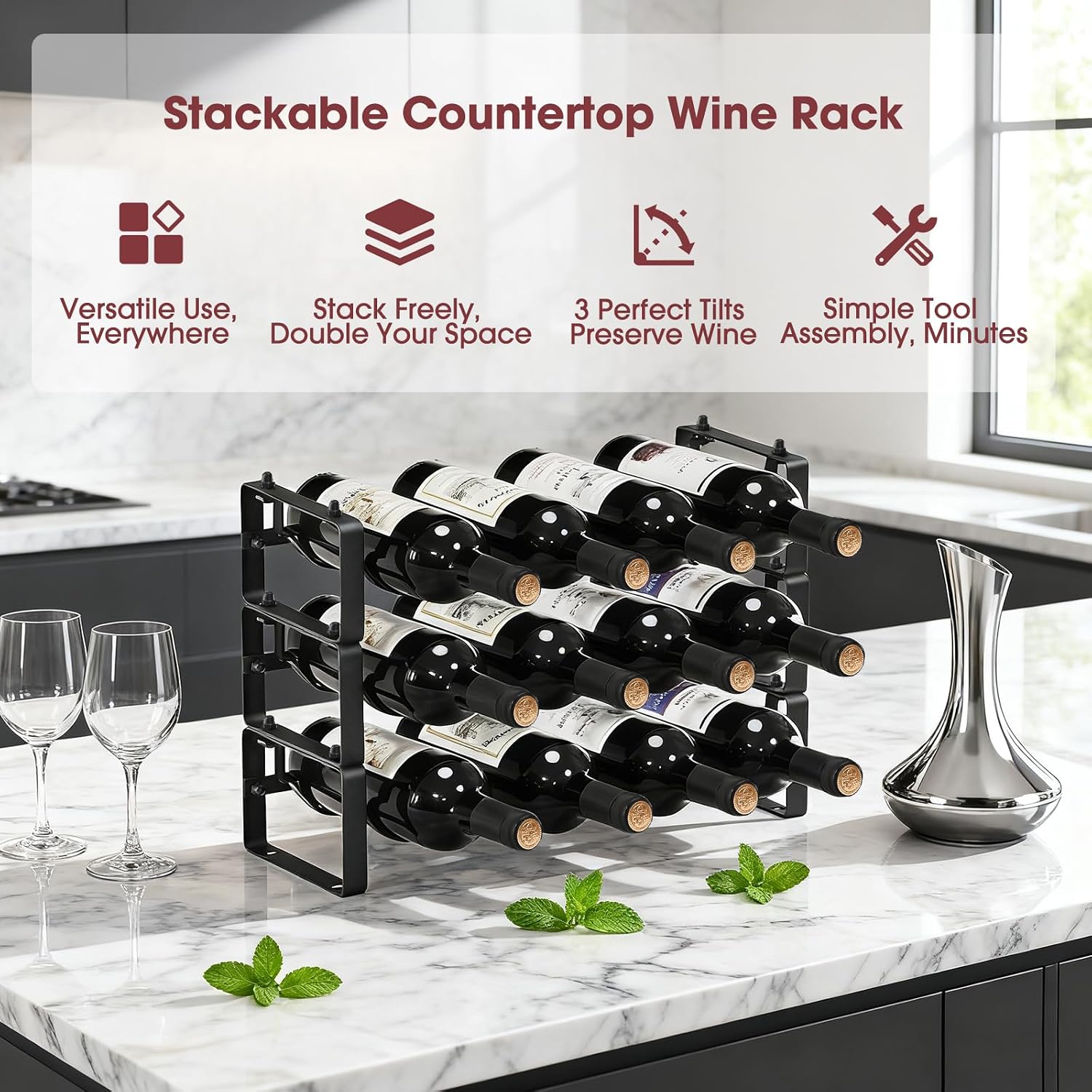 Stackable Wine Rack Countertop, 12 Bottles Wine Bottle Holder for Inside Cabinet, Small Tabletop Wine Holder Stand for Pantry Bar, 3-Tier Angle Adjustable Wine Bottle Rack for Tight Spaces