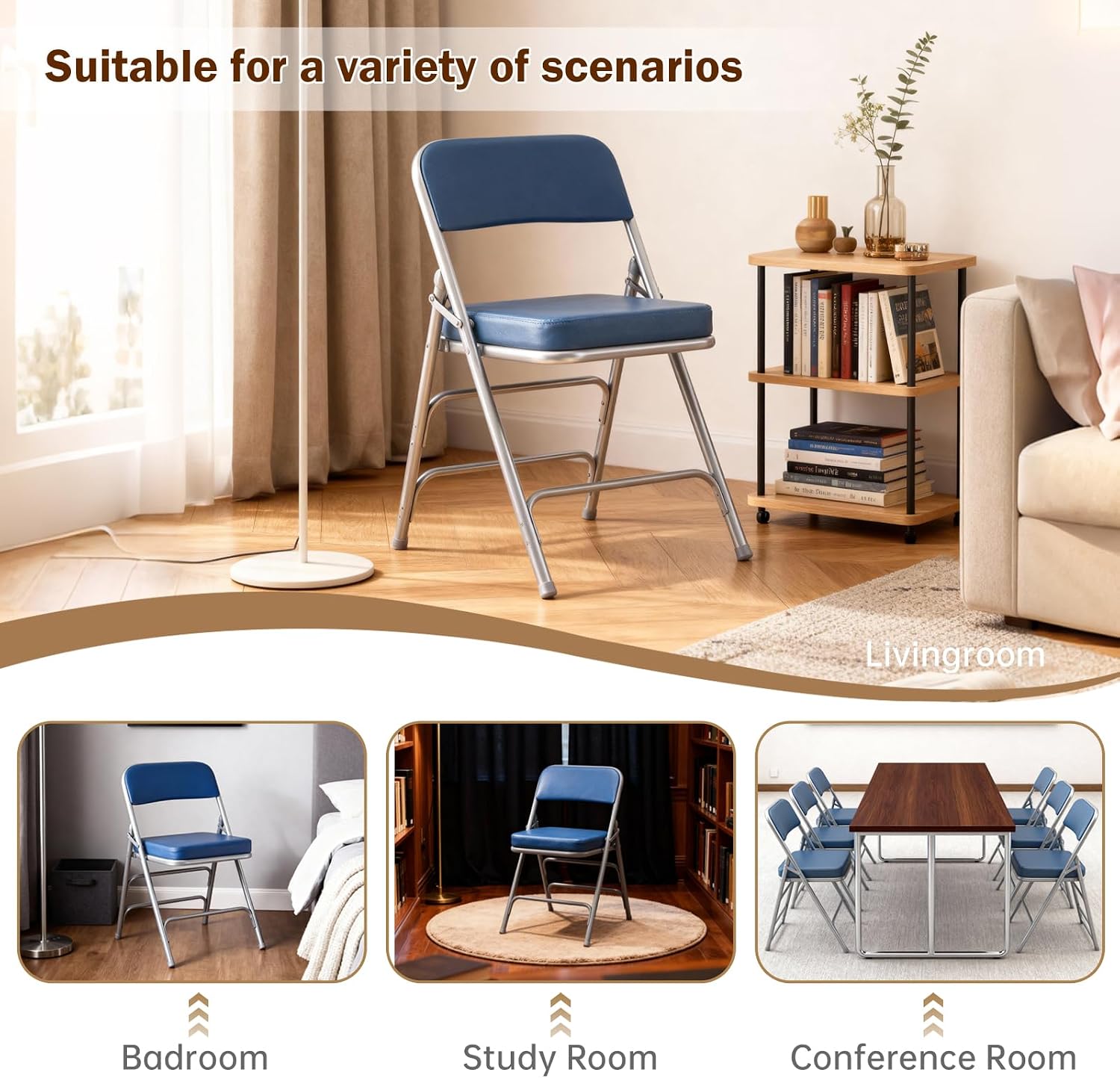 Padded Folding Chair, with Thick Cushioned Seat, Portable Metal Frame Foldable Chair for Indoor & Outdoor Use, Durable and Comfortable Upholstered Chair for Home, Office, and Events - Blue
