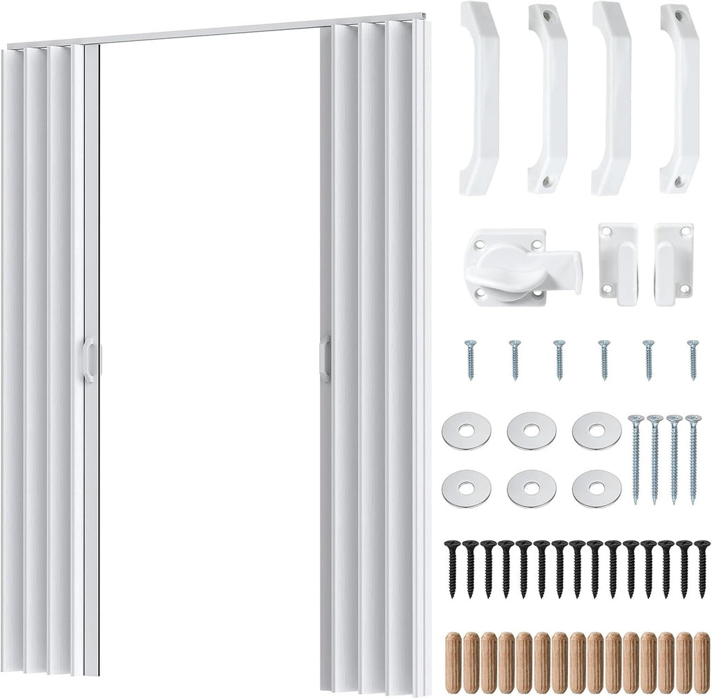 60" x 80" PVC Accordion Door, White Double Layer PVC Folding Interior Door with Sliding Track Kit, Space-Saving Closet Door, No Floor Track, Dual-Sided Handle & Latch, Easy to Install and Clean (B)