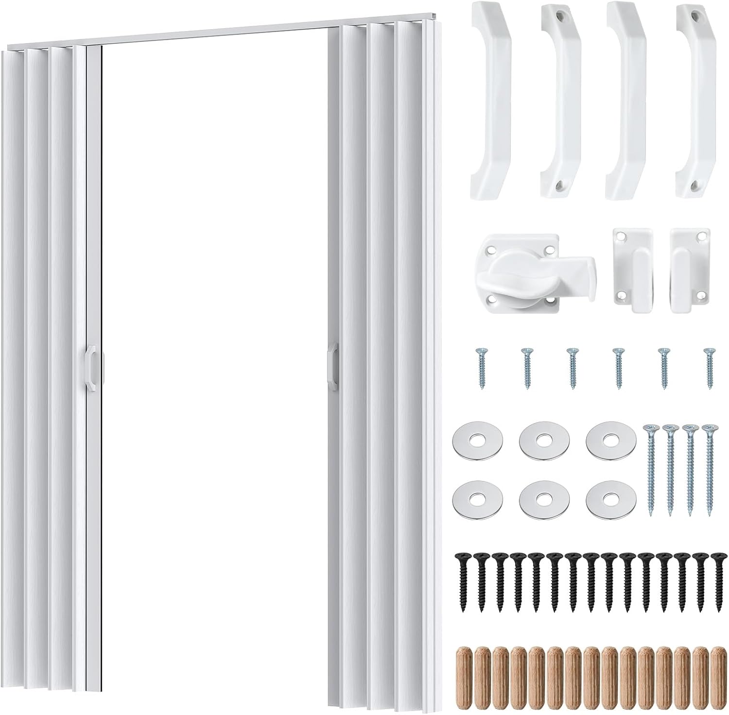 60" x 80" PVC Accordion Door, White Double Layer PVC Folding Interior Door with Sliding Track Kit, Space-Saving Closet Door, No Floor Track, Dual-Sided Handle & Latch, Easy to Install and Clean (B)
