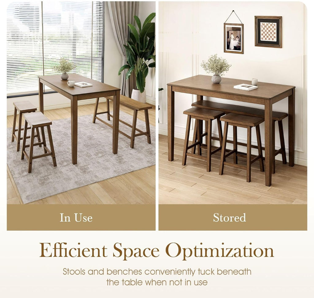 Sophia & William Dining Table Set for 4, Counter Height Table and Chairs, Kitchen Table Set with Bench and 2 Chairs, Small Breakfast Bar Dining Set, Rustic Caramel