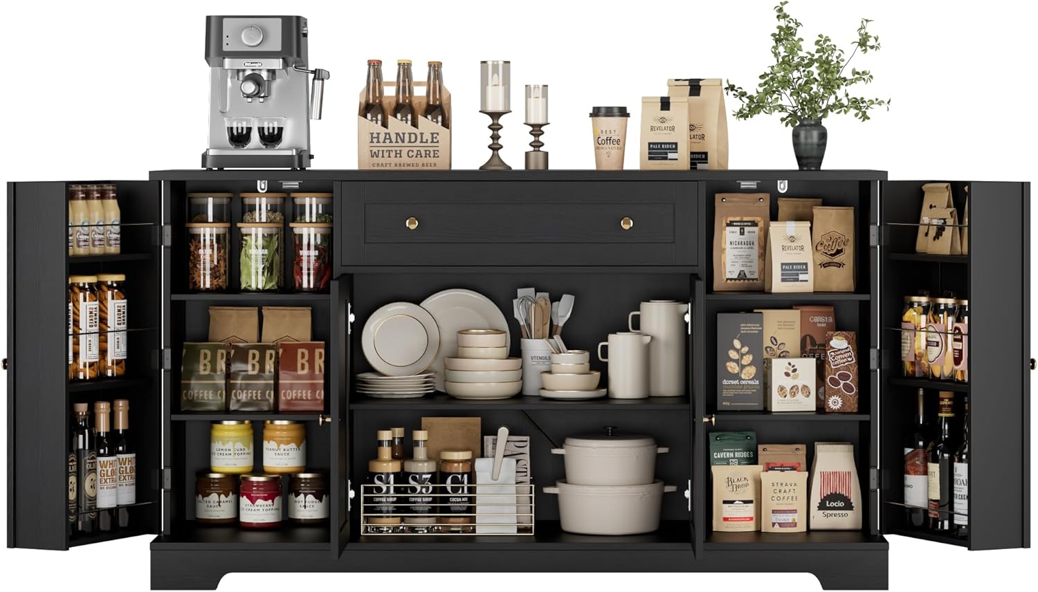 HITHOS 54" Buffet Cabinet with Storage, Modern Kitchen Buffet Sideboard with Drawer, Wood Coffee Bar with Adjustable Shelves, Kitchen Storage Cabinet for Living Room, Black