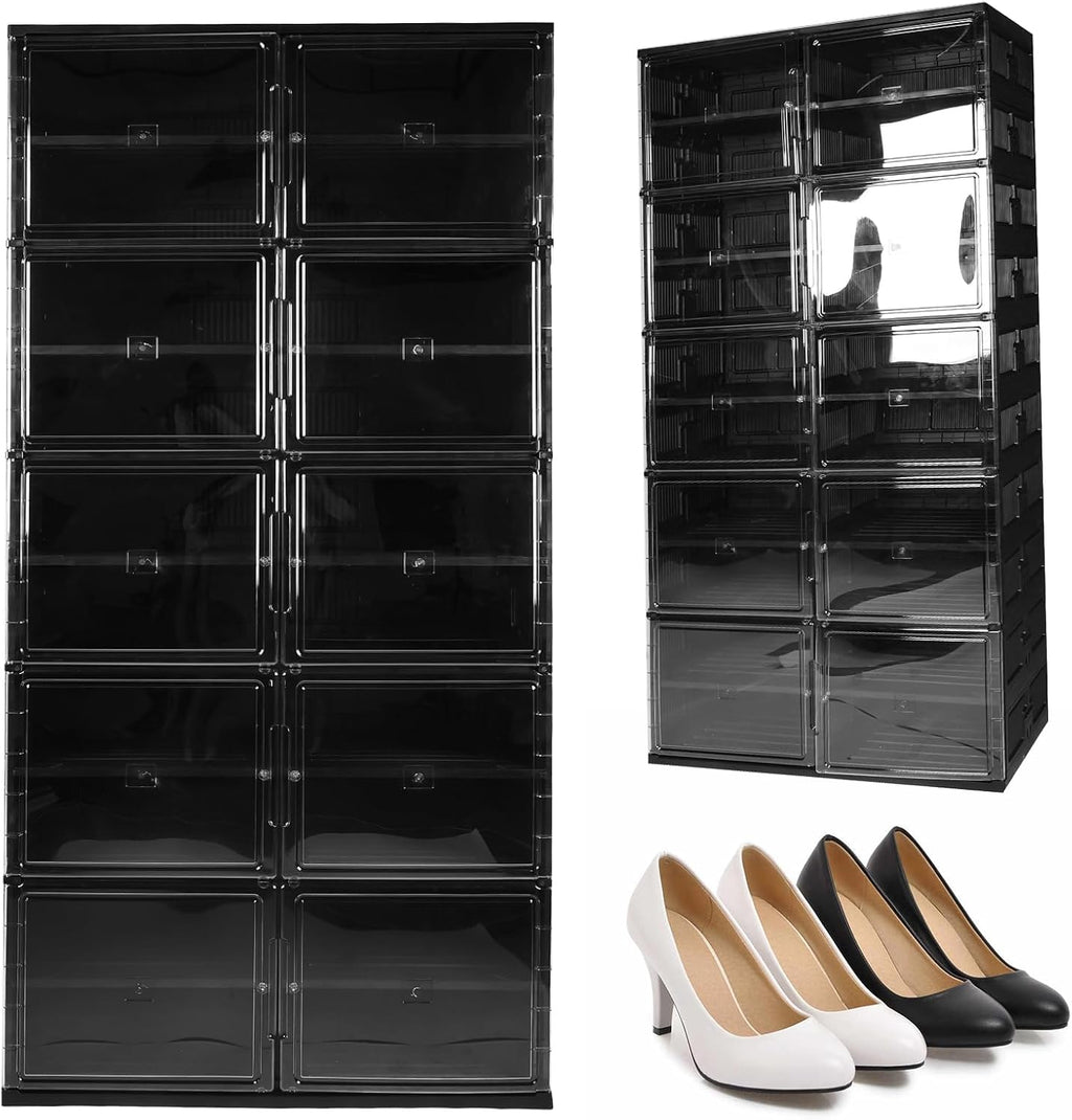 10 Tiers 40 Pairs Collapsible Shoe Rack Organizer with Doors Large Plastic Folding Shoe Cabinet for Closet Entryway Living Room