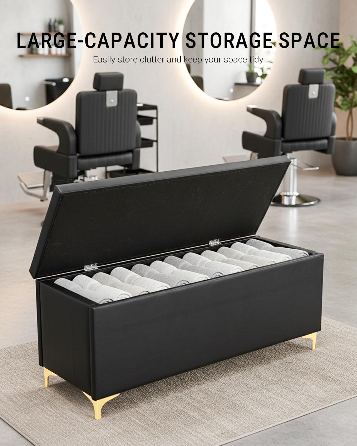 Waiting Room Chairs with Storage, PU Leather Reception Chair | 600lbs Load | Sleek Black Finish | Versatile Shoe Rack & End-of-Bed Stool | ideal for Beauty Spa Bedroom Home Entryway