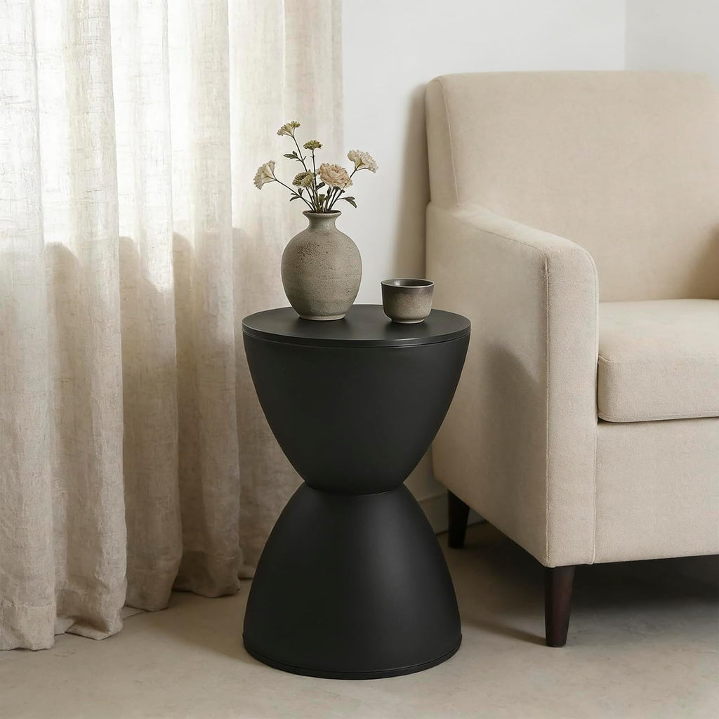 Small Plastic Drum Side Table Plastic Hourglass Modern End Table Round Outdoor Stool Side Table for Coffee Patio Indoor Home Bedroom, 11.81 * 16.93 in, Black