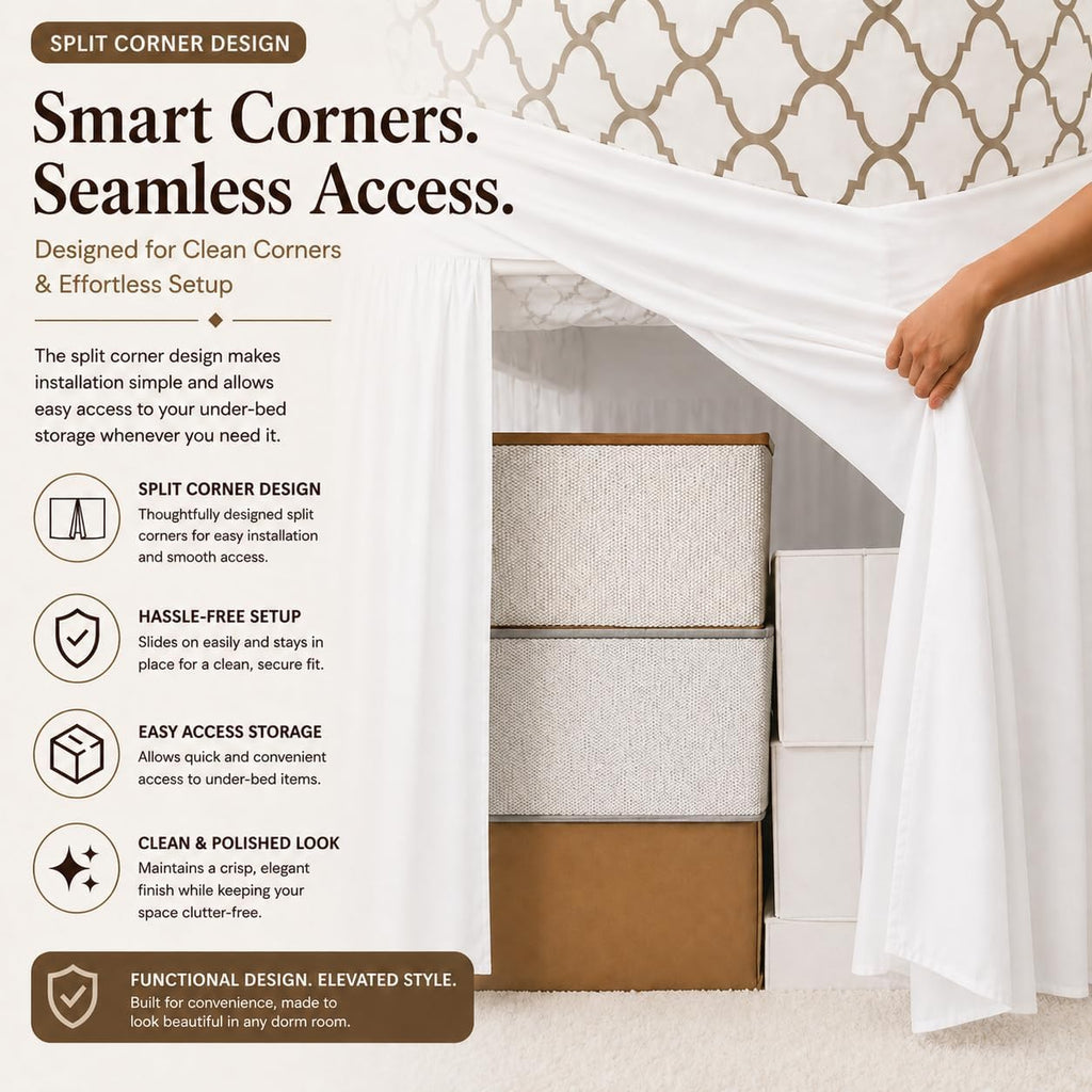 Dorm Bed Skirt Twin XL 36 Inch Drop White, Elastic Easy Fit Dust Ruffle Bedskirt with Split Corners, 100% Microfiber Extra Long Dorm Bedding, College Bed Skirt