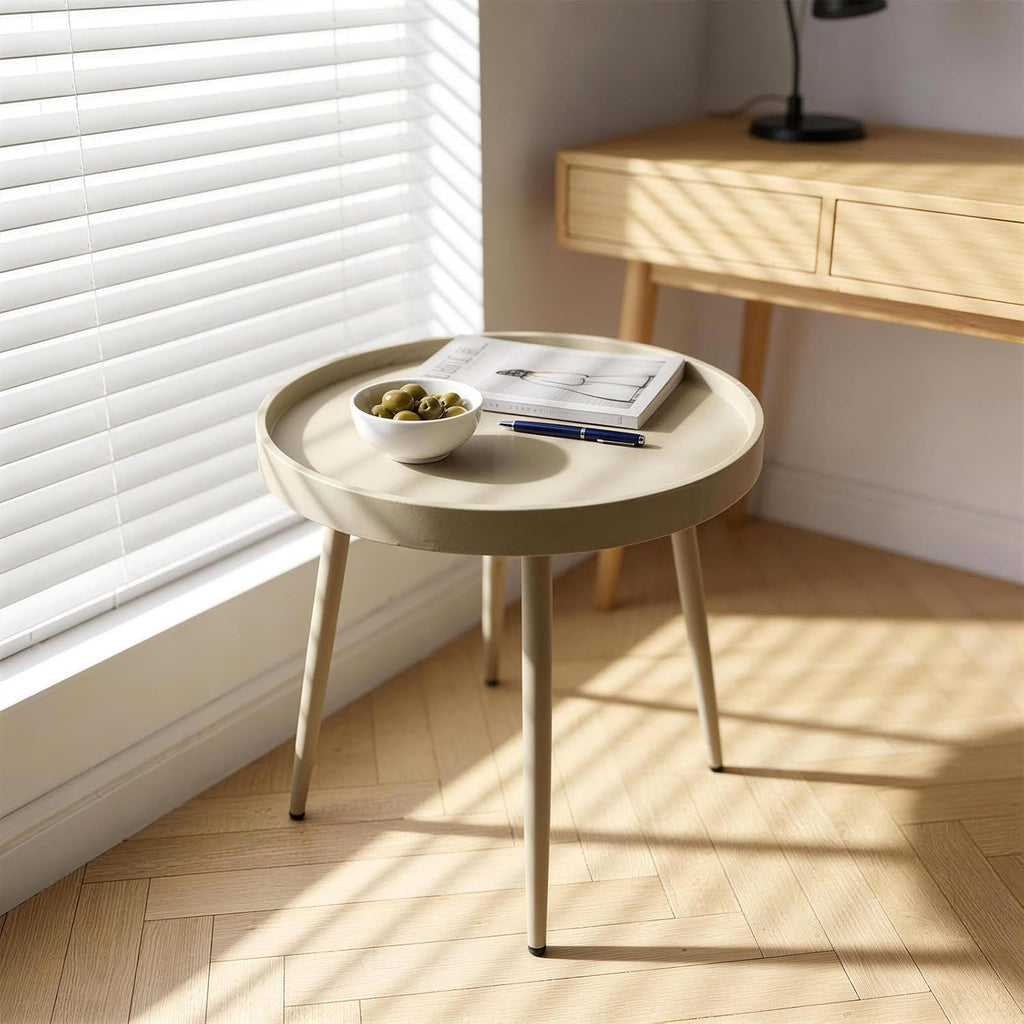 20" Round Side Table, Plastic Top, Iron Frame, Waterproof, Camel | Waterproof, easy-clean plastic top.Tool-free assembly, sets up in minutes.End table, Nightstand, Accent table. Lightweight.
