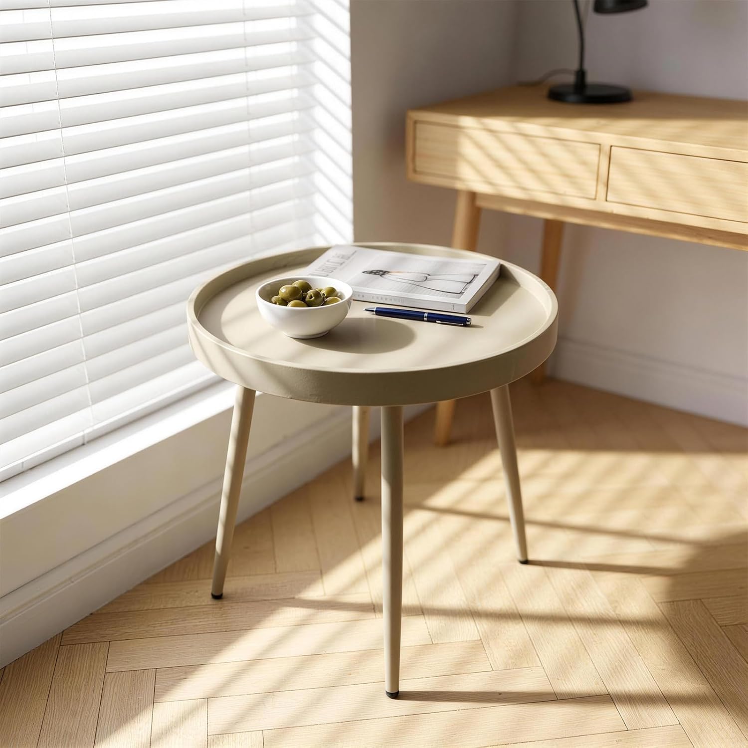20" Round Side Table, Plastic Top, Iron Frame, Waterproof, Camel | Waterproof, easy-clean plastic top.Tool-free assembly, sets up in minutes.End table, Nightstand, Accent table. Lightweight.