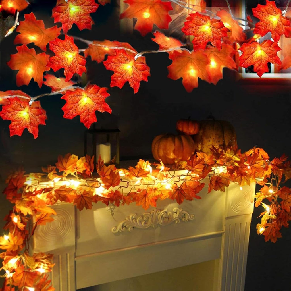 TURNMEON 2 Pack Fall Decor Enlarged Maples Leaves Lights Total 20Ft 40LED Fall Decorations for Home, Battery Operated Autumn Garland Lights Waterproof Indoor Outdoor Halloween Thanksgiving Decorations