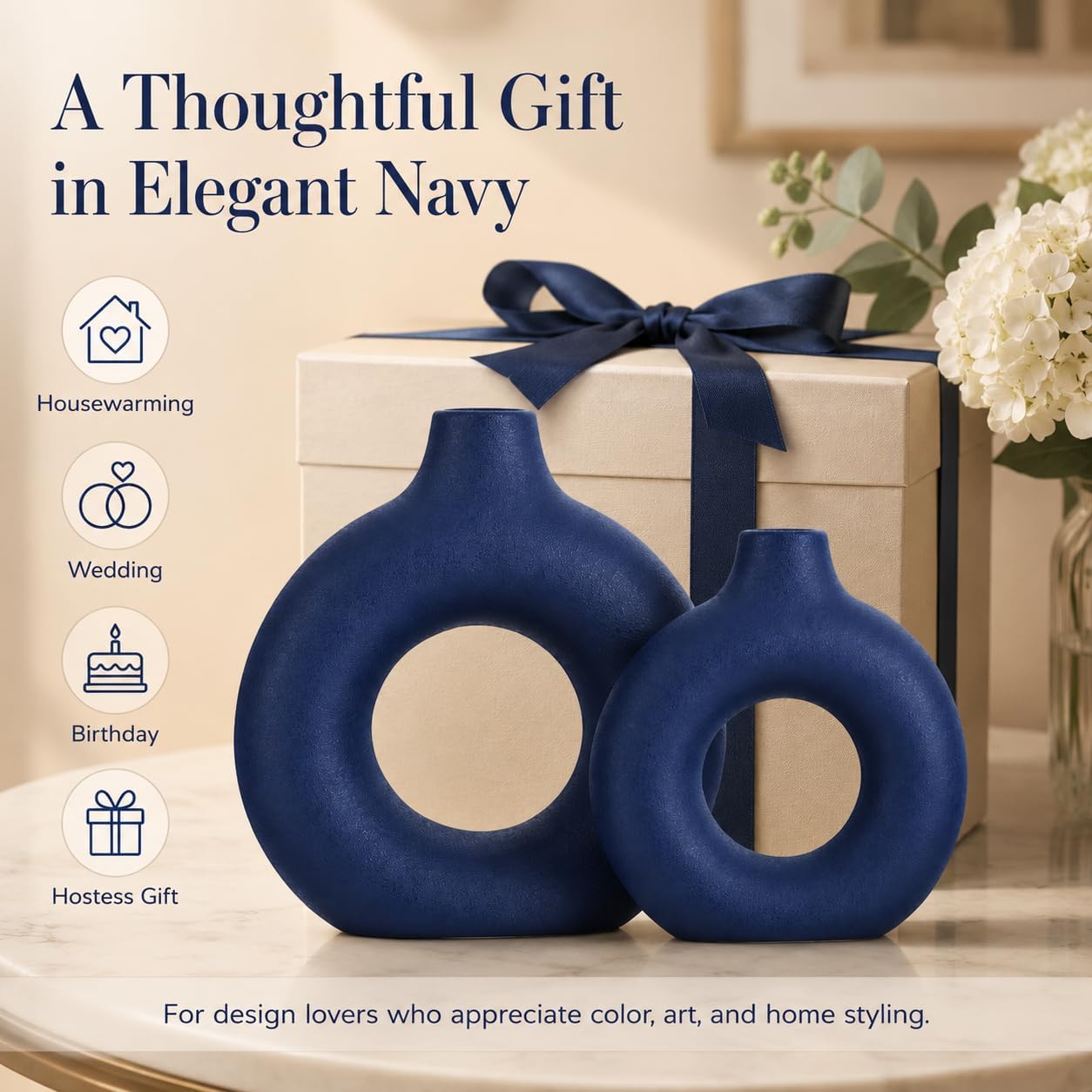 Navy Blue Ceramics Vase for Home Decor,Minimalist Nordic Hollow Donut Vase Set of 2,Modern Navy Blue Decor for Kitchen Table Centerpiece,Living Room,Fire Place,Bookshelf,Office,Entryway,Console