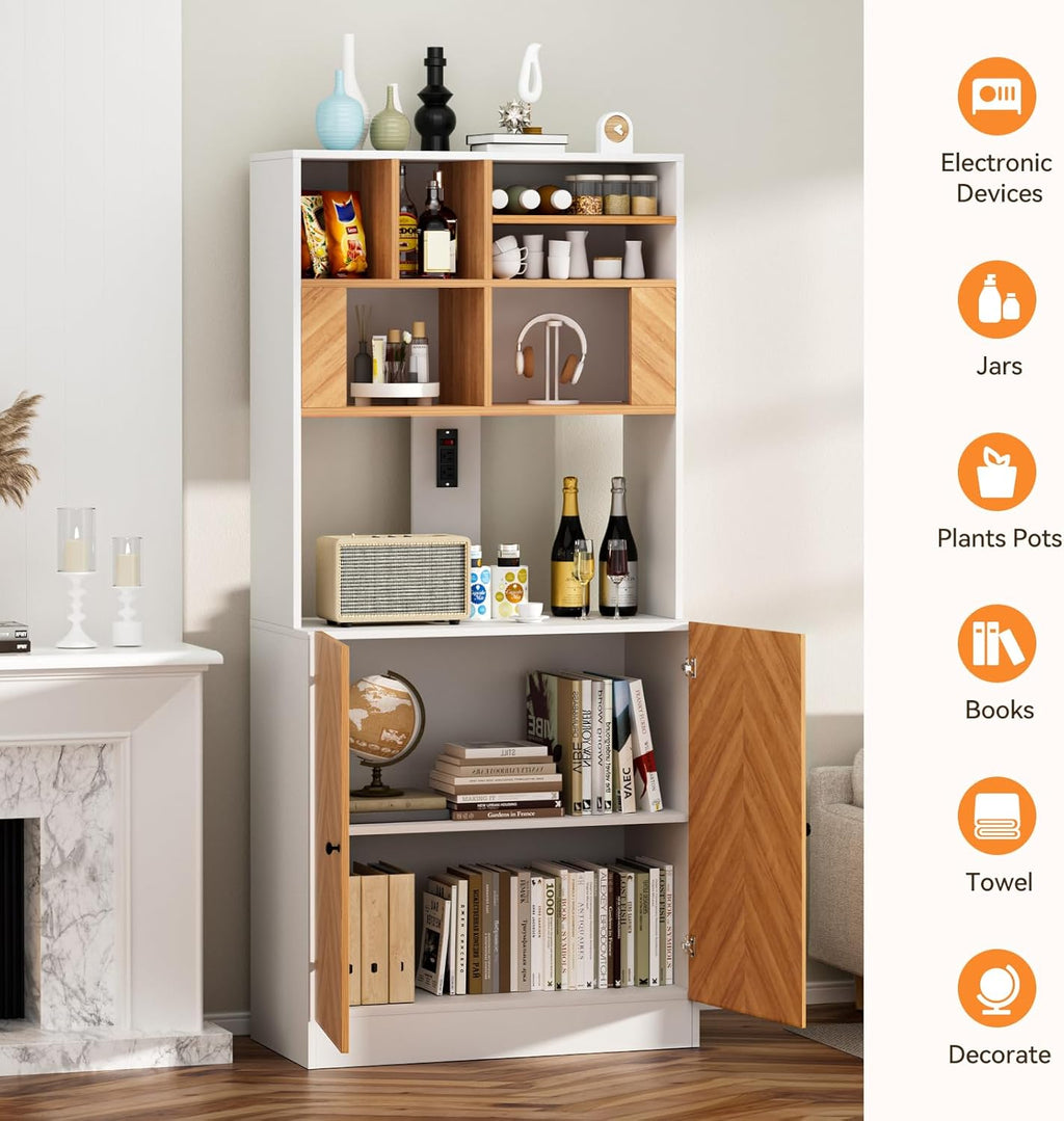 Artswish Large Pantry Cabinet with Power Outlets, Scandinavian Modern Style 4 Tier Kitchen Storage Cabinet with Microwave Stand, Kitchen Hutch with Storage for Living Room, Dining Room, Natural Color