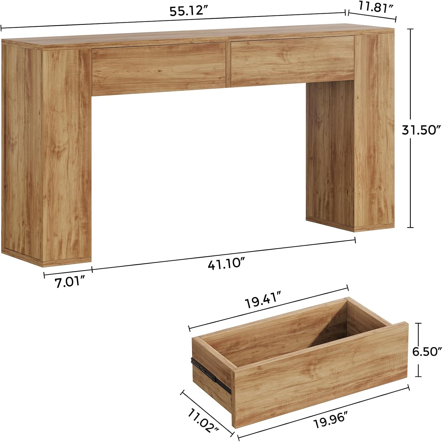 Farmhouse Console Table with LED Light and 2 Drawers, 55 inch Long Sofa Table Behind Couch, Narrow Entry Table for Entryway, Hallway, Entrance, Living Room, Natural Oak