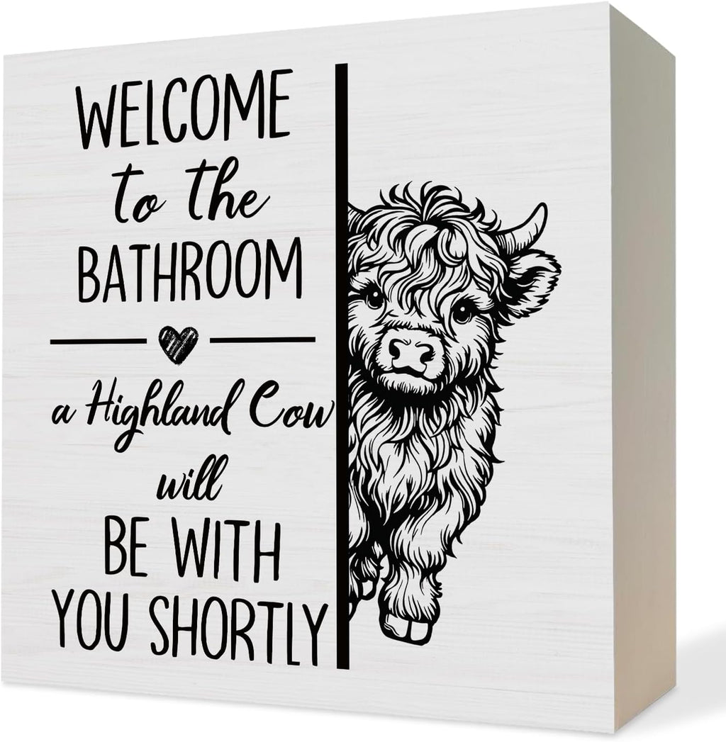 Funny Highland Cow Bathroom Decor Wooden Box Sign, Gifts for Highland Cow Lovers,Farmhouse Animal Wood Block Plaque Signs for Bathroom Toilet Restroom Desk Table Shelf Decor, 5x5 Inch