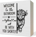 Funny Highland Cow Bathroom Decor Wooden Box Sign, Gifts for Highland Cow Lovers,Farmhouse Animal Wood Block Plaque Signs for Bathroom Toilet Restroom Desk Table Shelf Decor, 5x5 Inch