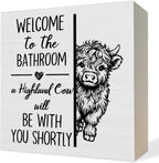 Funny Highland Cow Bathroom Decor Wooden Box Sign, Gifts for Highland Cow Lovers,Farmhouse Animal Wood Block Plaque Signs for Bathroom Toilet Restroom Desk Table Shelf Decor, 5x5 Inch