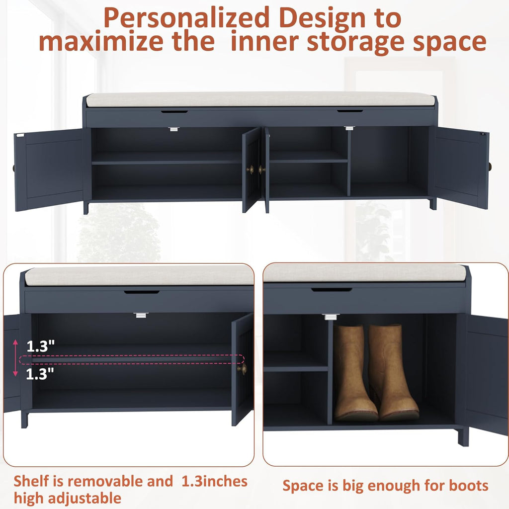 HOMEFORT 54.4" Shoe Bench with Lift Top Storage, Entryway Bench with Cushioned Seat, Wooden End of Bed Bench, Shoe Cabinet Bench with Hidden Storage Space, for Bedroom, Hallway,Blue