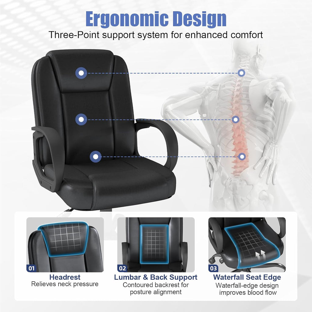 Executive Office Chair, Leather Desk Computer Chair with Armrests, Mid-Back Swivel Adjustable Ergonomic Design for Home Office, 10PC, Black
