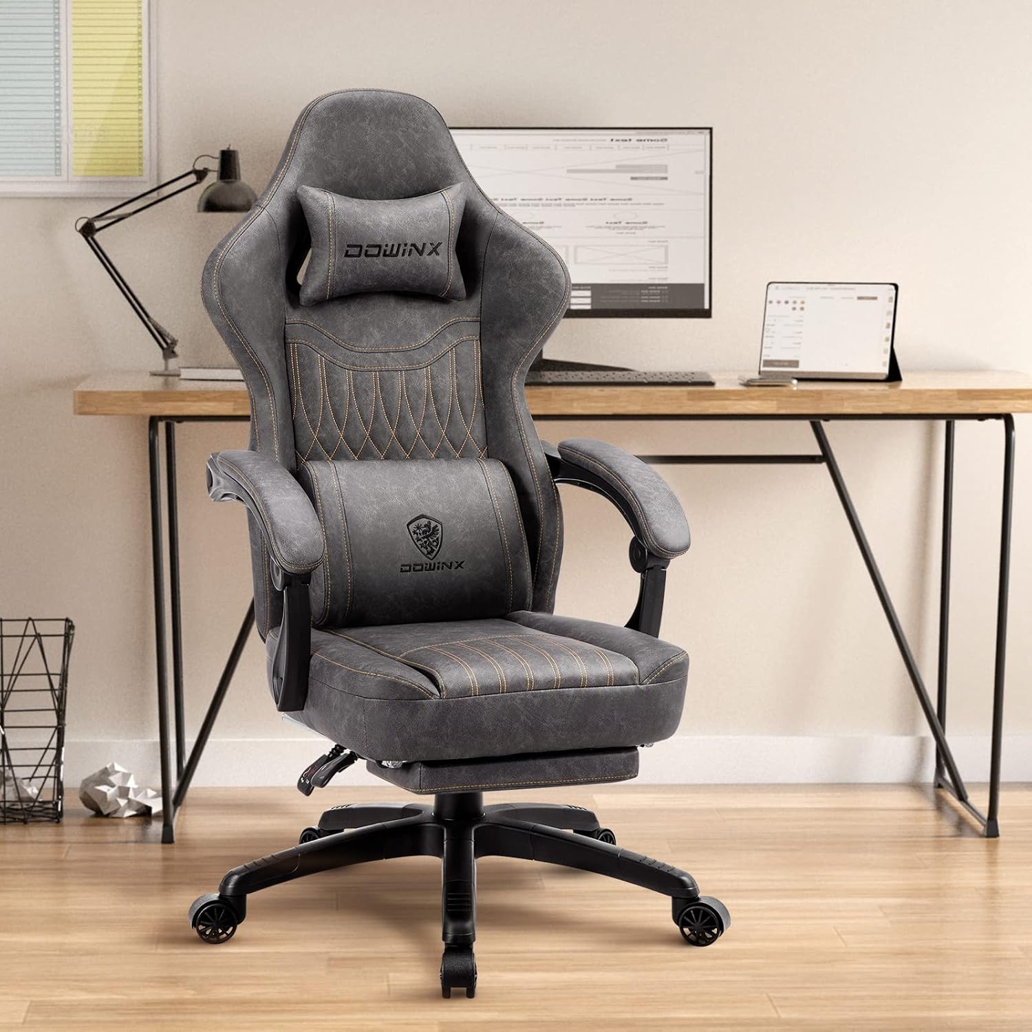 Dowinx Gaming Chair, Breathable PU Leather Gamer Chair with Memory Foam, Pocket Spring Cushion and Footrest, Big and Tall Ergonomic Reclining Computer Chair with Massage Lumbar Support, Deep Gray