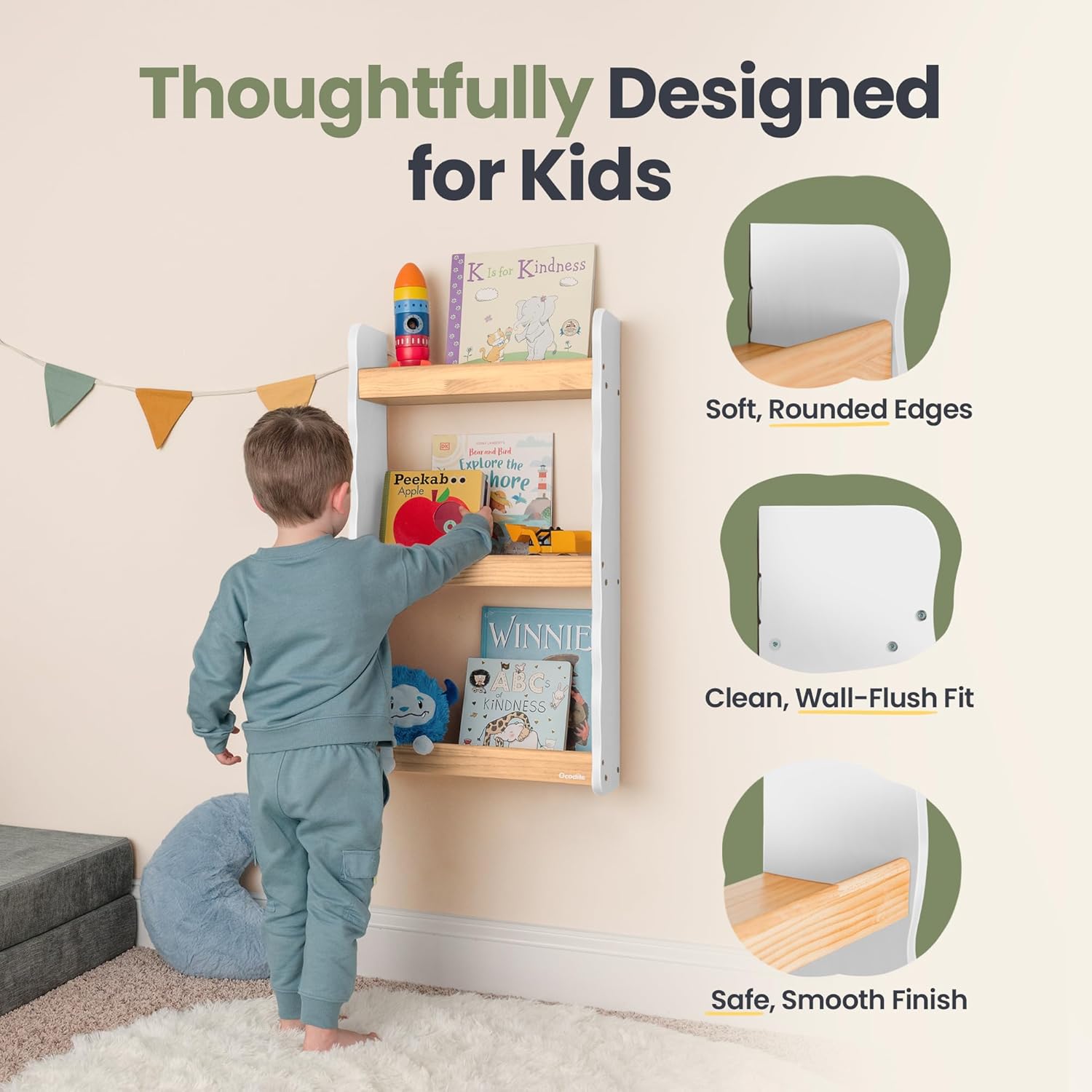 Ocodile Floating Kids Bookshelf – 3-Tier Wall Mounted Bookshelf for Nursery & Playroom – Montessori Floating Shelves for Kids Room Made of Pine Wood with Smooth Finish - White