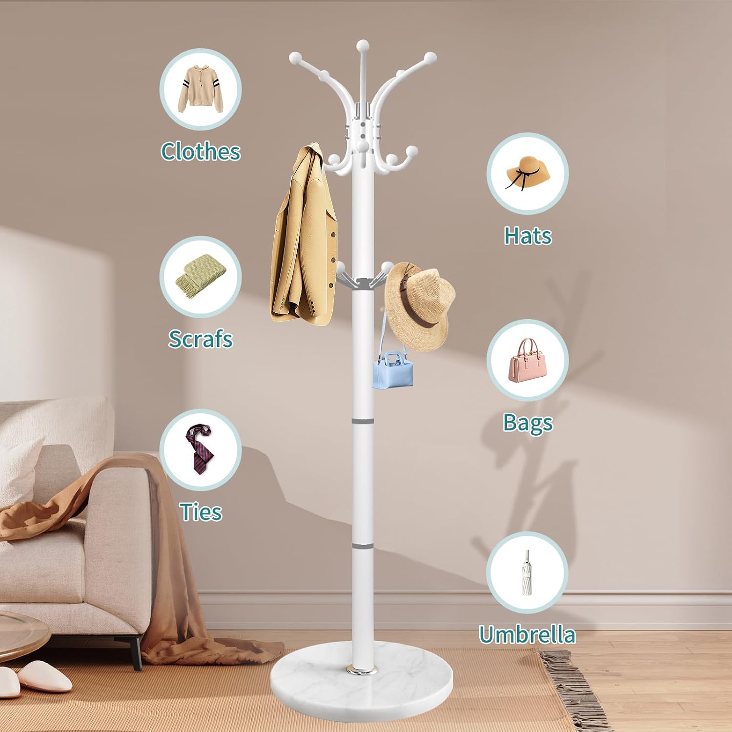 OIRUMIE Coat Rack,360°Rotary Coat Rack Stand,Coat Tree Stand for Entryway | Metal Coat Rack Freestanding with Natural Marble Base & 14 Hooks,White Modern Coat Stand, Clothes Hall Tree Stand for Hallway