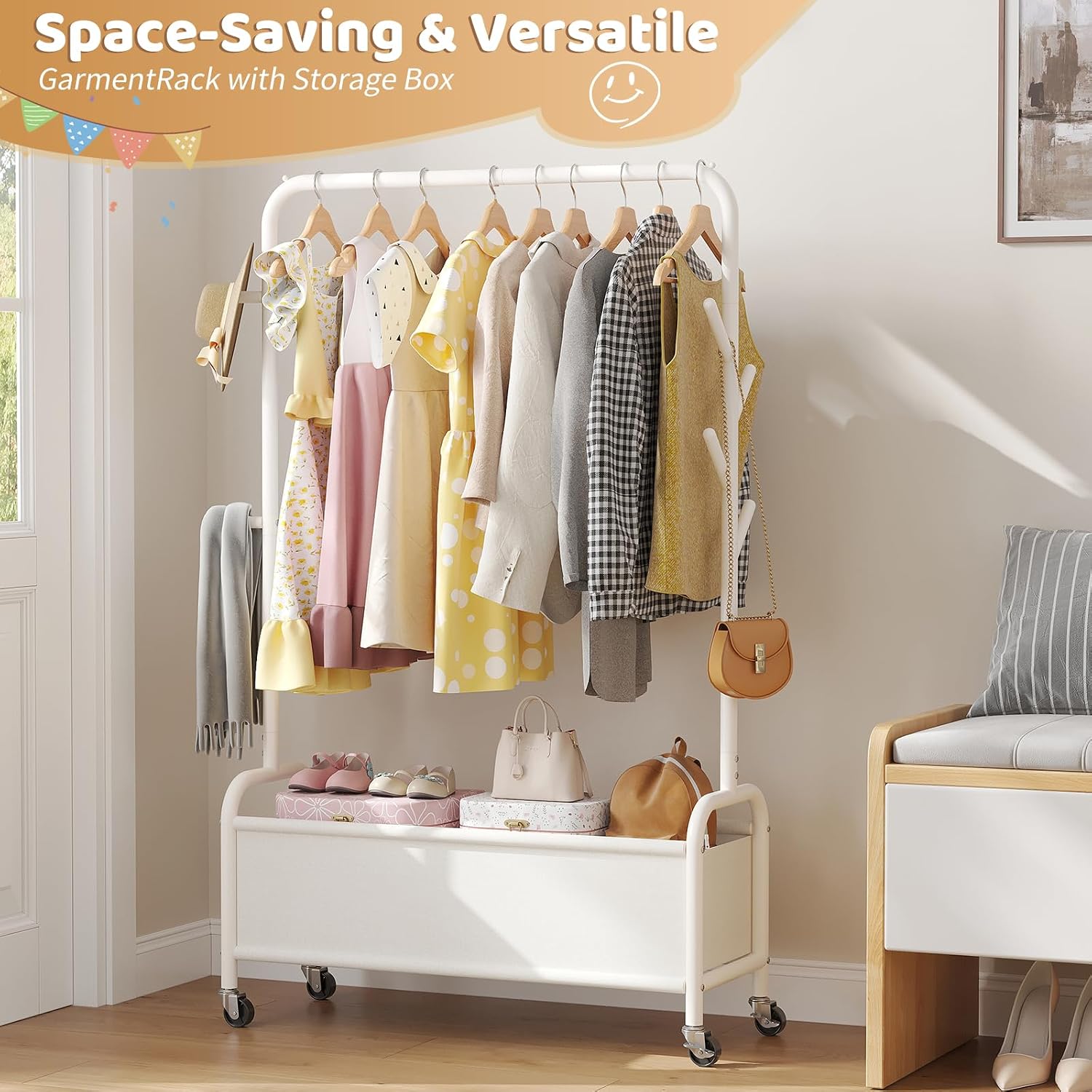 Kids Clothing Rack with Storage Box, Kids Dress Up Storage for Coats, Small Garment Rack for Hanging Clothes, Dress Up Holder with Wheels