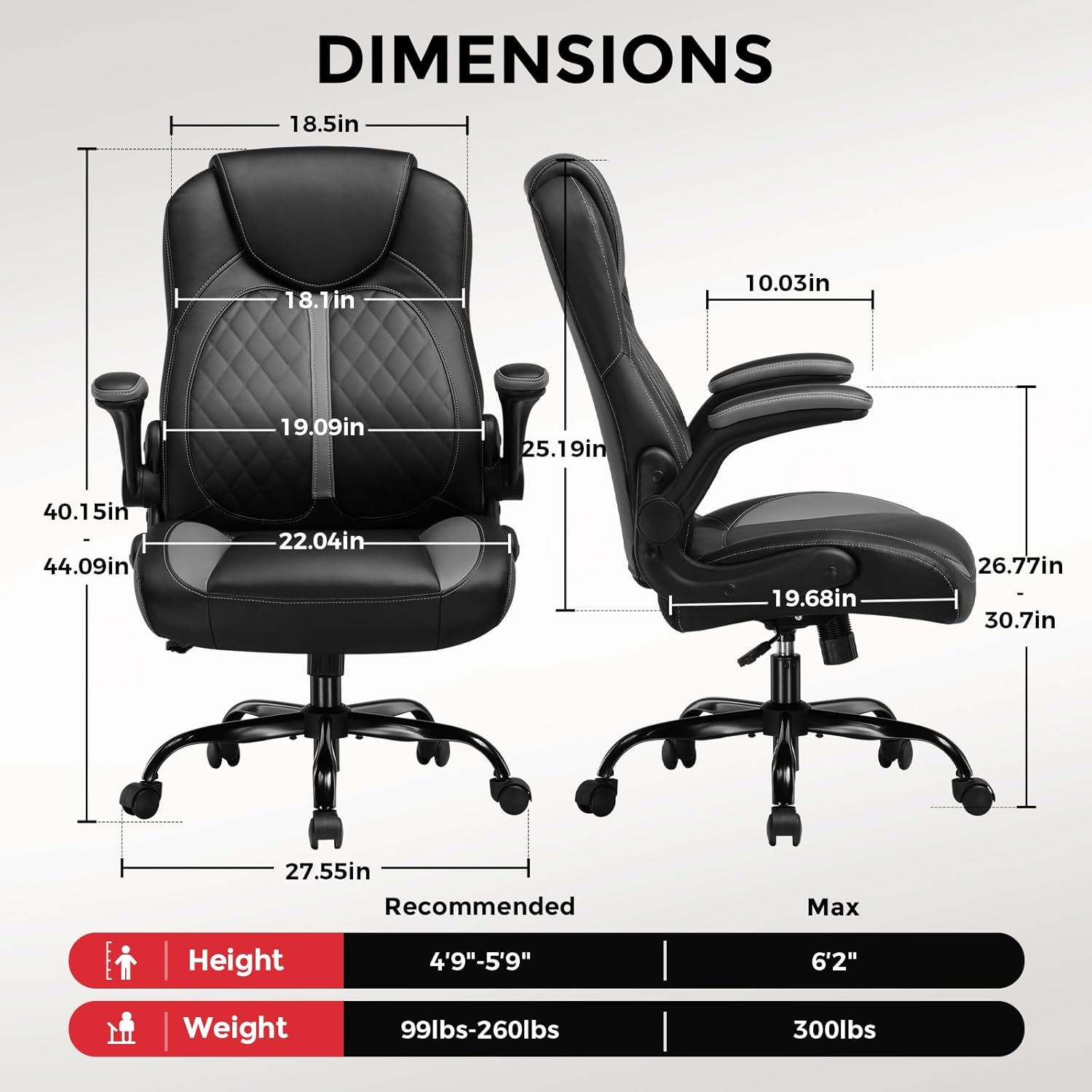 GTPLAYER Office Computer Gaming Chair Ergonomic Desk Chair for Adults with Lumbar Support Flip-Up Arms Adjustable Height Swivel Wheels PU Leather Executive Design for Short People Use, Gray