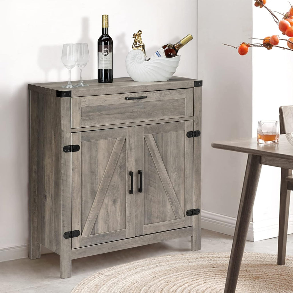VINGLI Modern Farmhouse Sideboard Buffet Cabinet with Drawer, Storage Cabinet with Doors and Adjustable Shelves, Coffee Bar Station for Kitchen, Dining Room and Living Room, Ash Grey