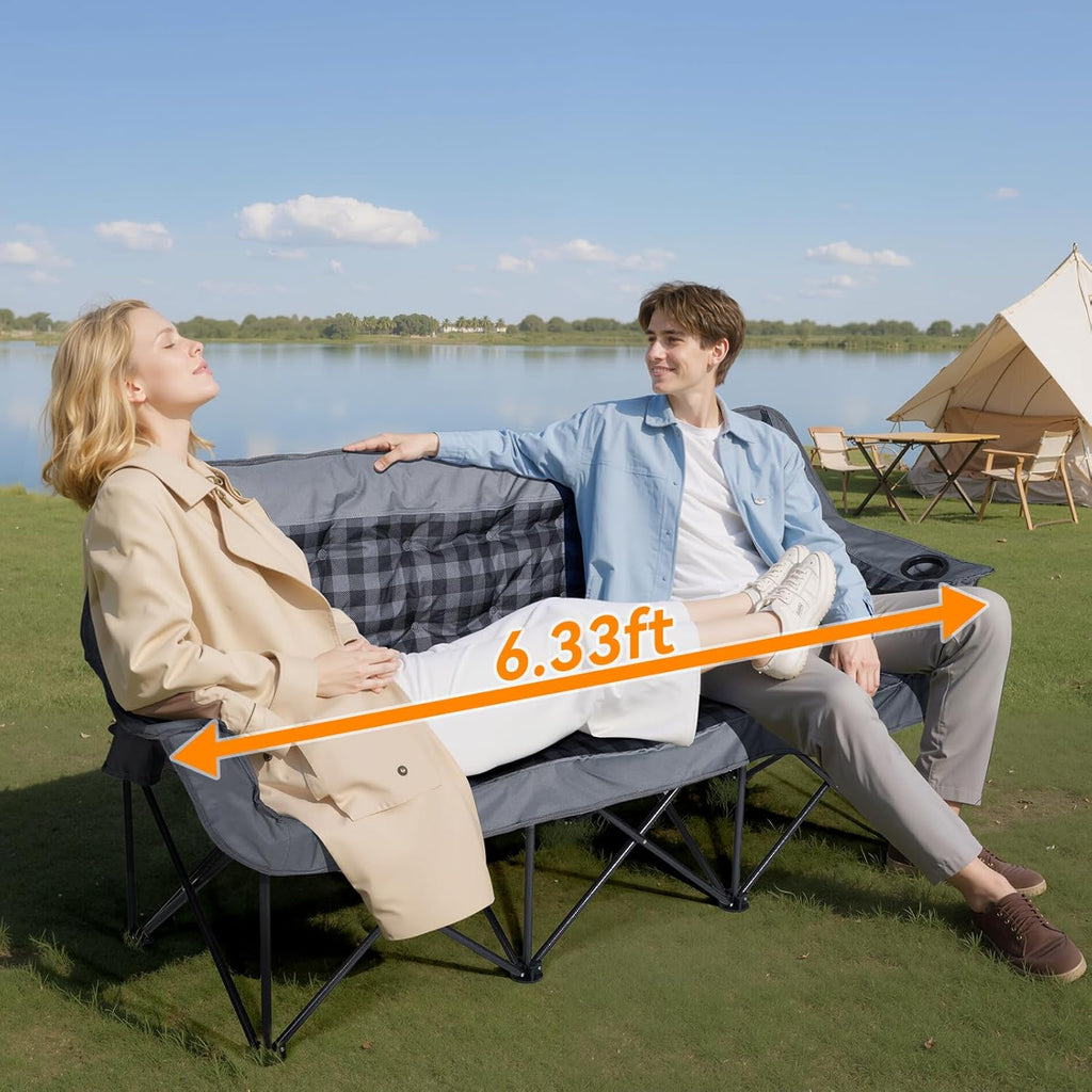 Huskfirm 3 Person Camping Chair Padded Loveseat Camping Chair Folding Camping Couch Portable Double Camping Chairs Heavy Duty Camp Chair for Adults Outdoor Lawn with Two Cup Holders and Carry Bag
