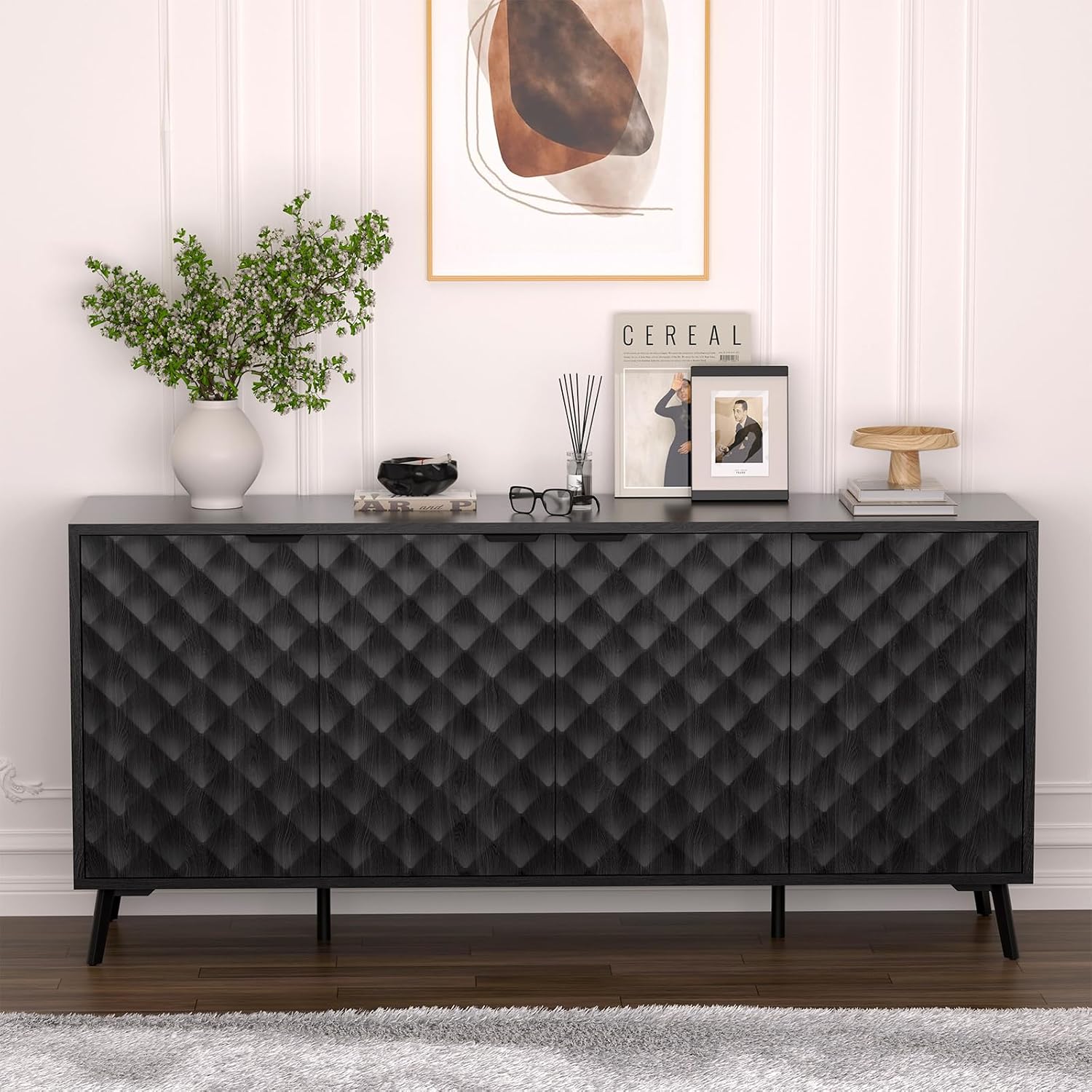 63" Fluted Sideboard Buffet Cabinet with Storage, Diamond Shaped Relief Storage Cabinet with 4 Doors and Adjustable Shelves for Living Room, Entryway, Hallway (Black)