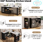 HSH Kitchen Island with Storage, Mobile Kitchen Island Cart with Cabinet, Drawer & Shelves, Farmhouse Island Table on Wheels with White Faux Marble Top and Black Oak Base for Dining Room & Home Bar