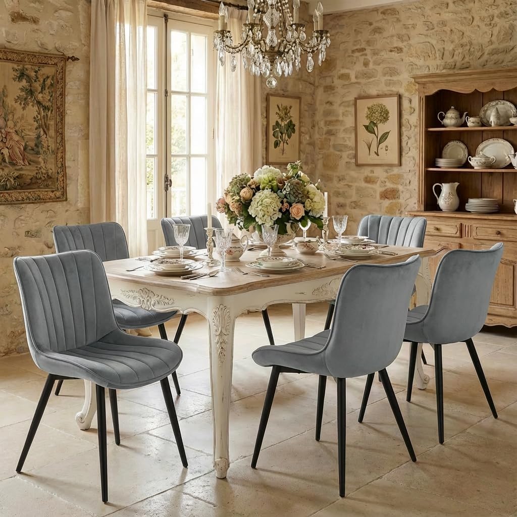 Velvet Dining Chairs Set of 2, Modern Upholstered Kitchen and Dining Room Chair with Ergonomic Back, Mid Century Armless Accent Side Chair with Metal Legs for Vanity Living Room Reception, Grey