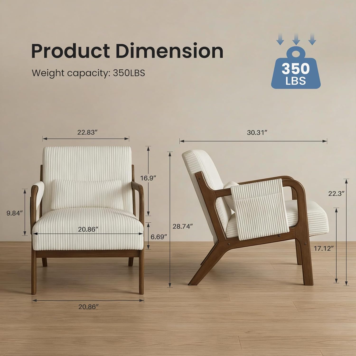 DUMOS Accent Chairs Set of 2, Mid Century Modern Accent Chair with Lumbar Pillow and Solid Wood Frame, Upholstered Armchair Reading Chair for Living Room, Bedroom, Beige