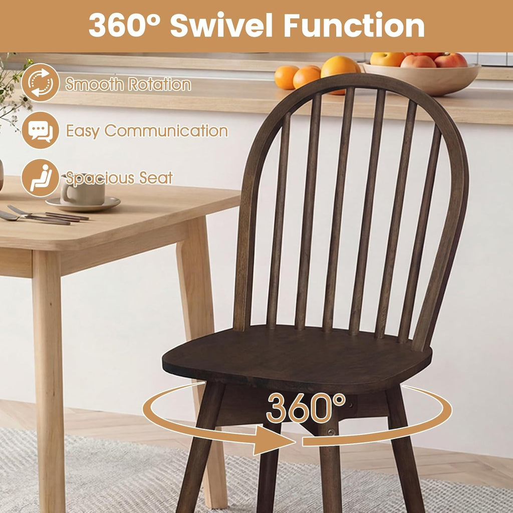 Giantex Windsor Dining Chairs Set of 2, Farmhouse Swivel Kitchen Chairs with Spindle Back, Solid Rubber Wood Frame, Mid Century Armless Dining Room Chairs for Home Kitchen Restaurant, Walnut