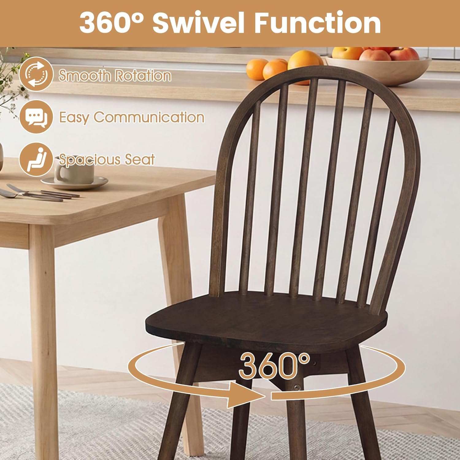 Giantex Windsor Dining Chairs Set of 2, Farmhouse Swivel Kitchen Chairs with Spindle Back, Solid Rubber Wood Frame, Mid Century Armless Dining Room Chairs for Home Kitchen Restaurant, Walnut