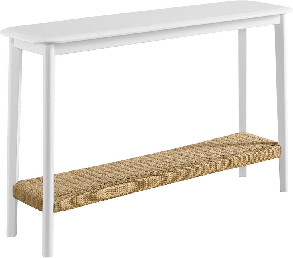 Alaterre Furniture Calais 48 Inch Wooden Console Table with Woven Storage Shelf – Mid Century Modern 2-Tier Entryway or Sofa Table for Living Room, Hallway, or Foyer (White)